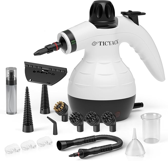 Handheld Steam Cleaner, Steam Cleaner with 16 PCS Accessory & Safety Lock, Capacity, Multi-Surface Deep Cleaning for Home, Car, Bathroom, Grout, Floor, Window(White/Black)