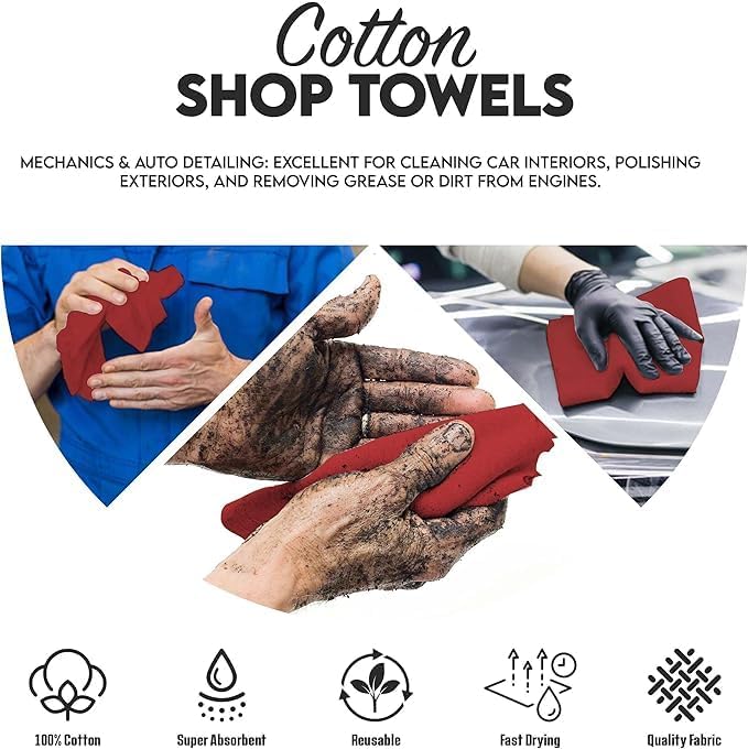 Cotton Shop Towel – Multipurpose Cleaning Cloths (14" x 12" - Pack of 500 - Red) Reusable Shop Rags for Automobiles, Industrial, Restaurants, Garage, and Homes