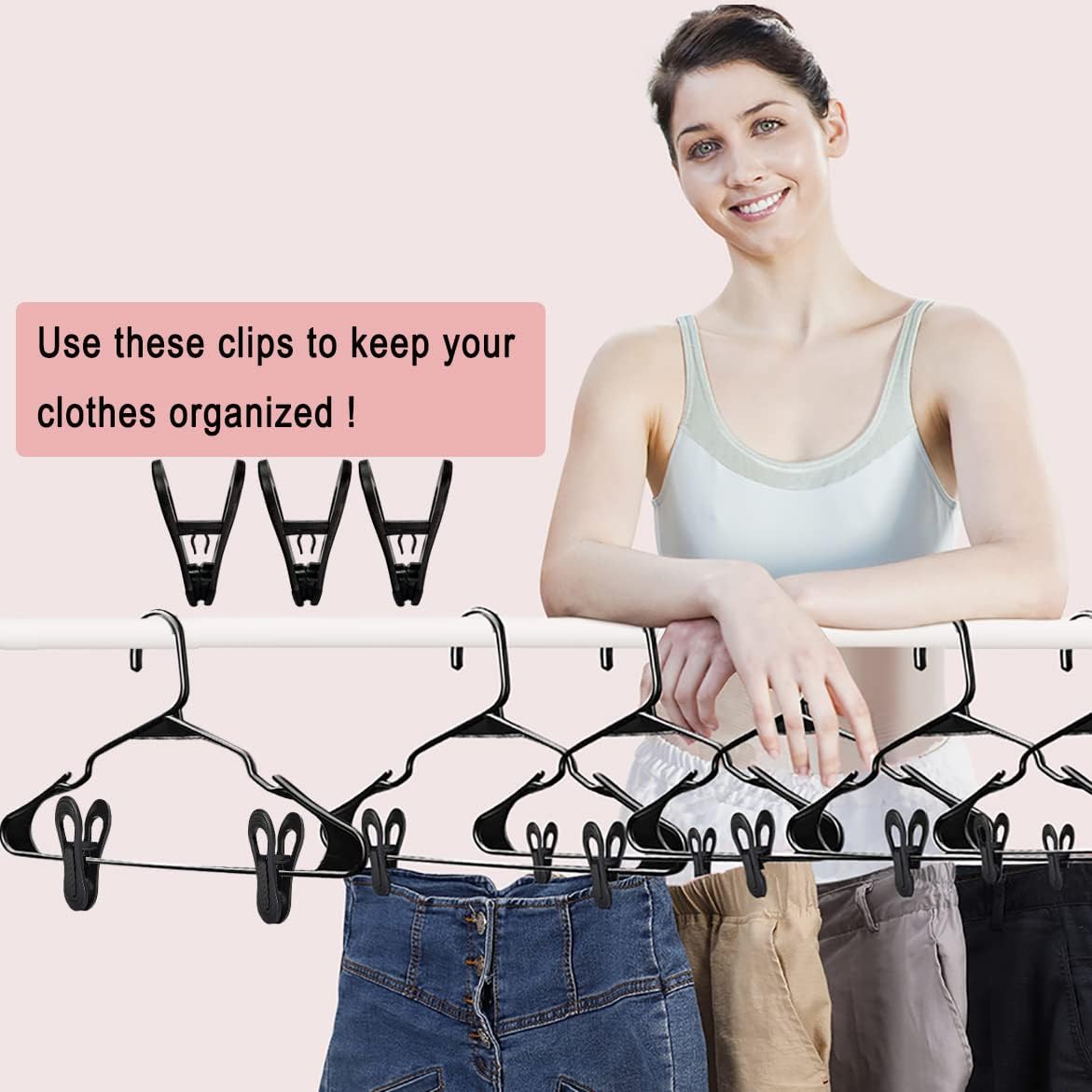 Black Hanger Clips 30 PCS, Plastic Hangers Clips Perfect for Plastic Velvet Hangers, Multi-Purpose Clothes Pins Finger Clip for Skirt Pants Hanger