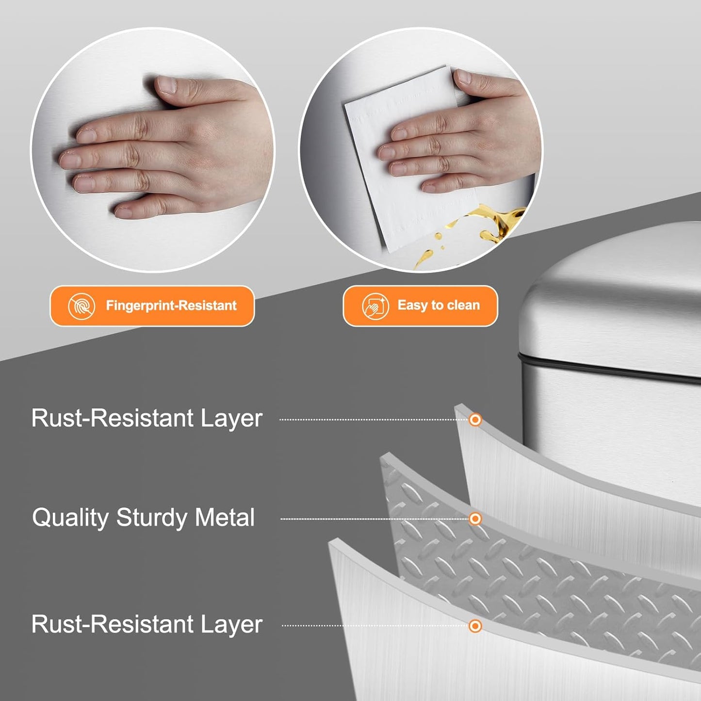 8 Gal/30L Slim Trash Can, Rectangular Step-On Stainless Steel Garbage Can, Soft-Close Lid, Anti-Fingerprint Surface, Recycling Bin with Removable Inner Basket, for Kitchen Dining Room, Silver