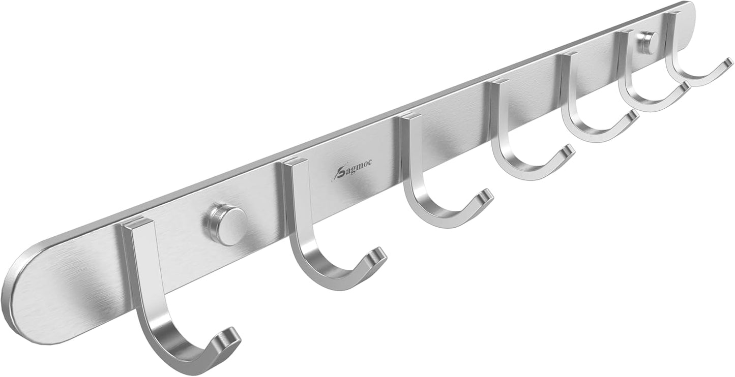 Towel Hook Rack Brushed Nickel 17-Inch Coat Hook Rail Wall Mounted with 7 Hooks, Durable Wall Hangers for Bedroom, Bathroom, Foyer, Hallway (304 Stainless Steel)