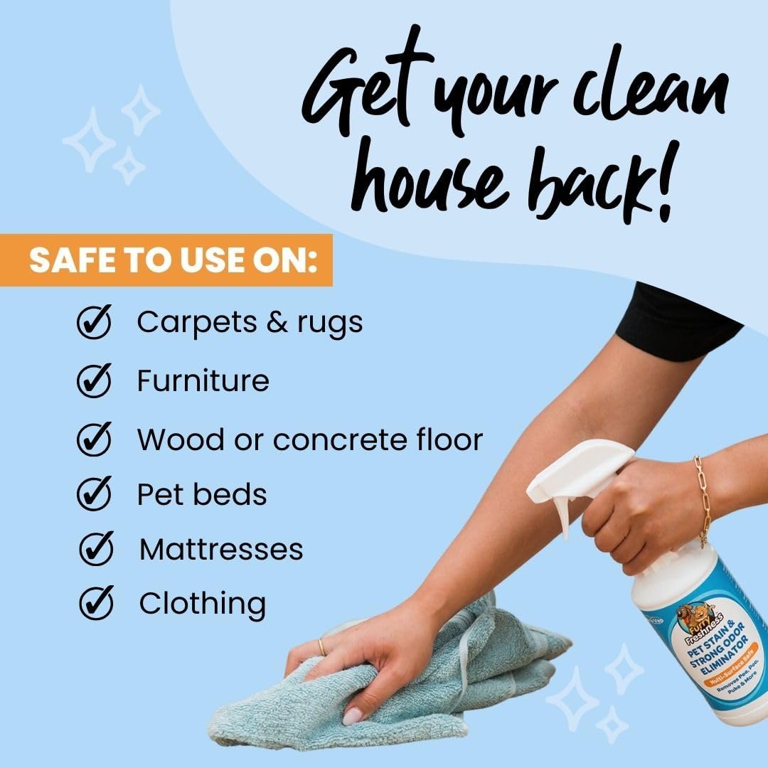 FurryFreshness Extra Strength Cat or Dog Pee Stain & Permanent Odor Remover + Smell Eliminator -Removes Stains From Pets & Kids Including Urine or Blood- Lifts Old Carpet Stains- (2 Pack)