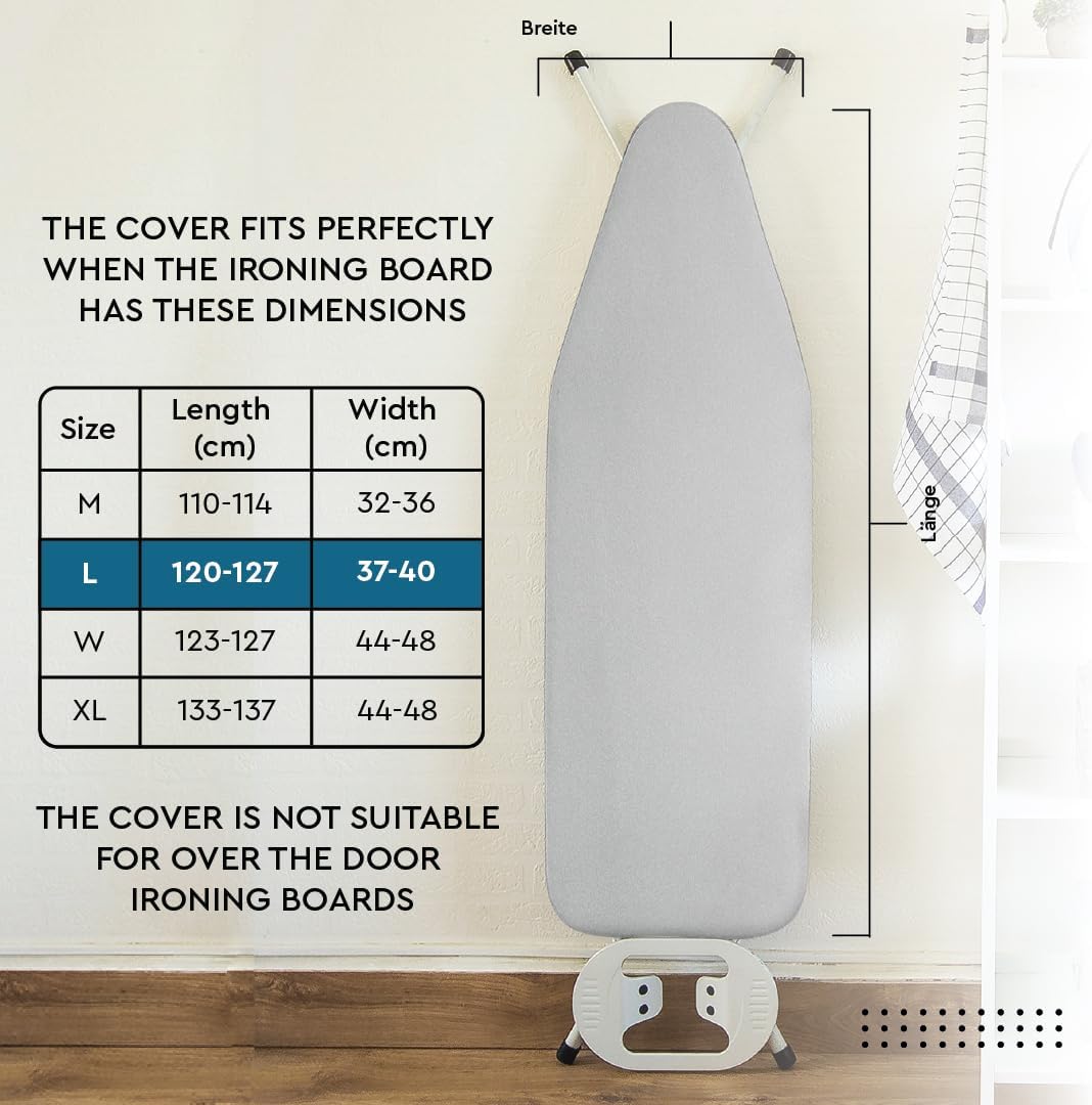 Encasa XO Ironing Board Cover and Pad 54"x15" - Thick 2mm Foam Padding, Drawstring Tightening & Lock, Heat Reflective, Scorch & Stain Resistant, Standard Large Ironing Board - Silver Premium
