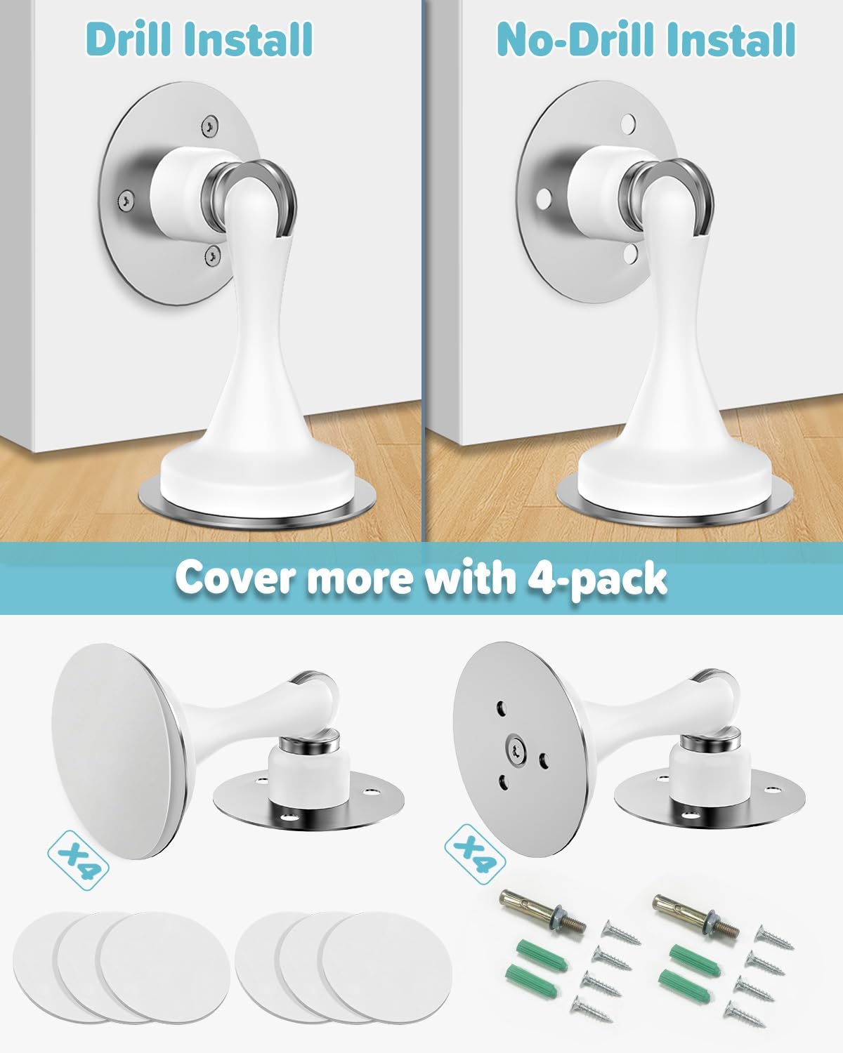 Magnetic Door Stoppers Door Catch - 4 Pack Stainless Steel Heavy Duty Door Stops for Bottom of Door, Wall & Floor Mounting No-Drill Strong Adhesive & Screws, Strong Door Holder to Keep Door Open