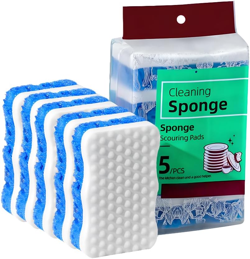 Ampang Wave-Shaped Scrub Sponges for Kitchen Cleaning - Nano Sponge & High-Foam Seaweed Cotton, Non-Scratch, Dishwasher Safe, Ideal for Washing Dishes & Daily Household Tasks (5, Blue)