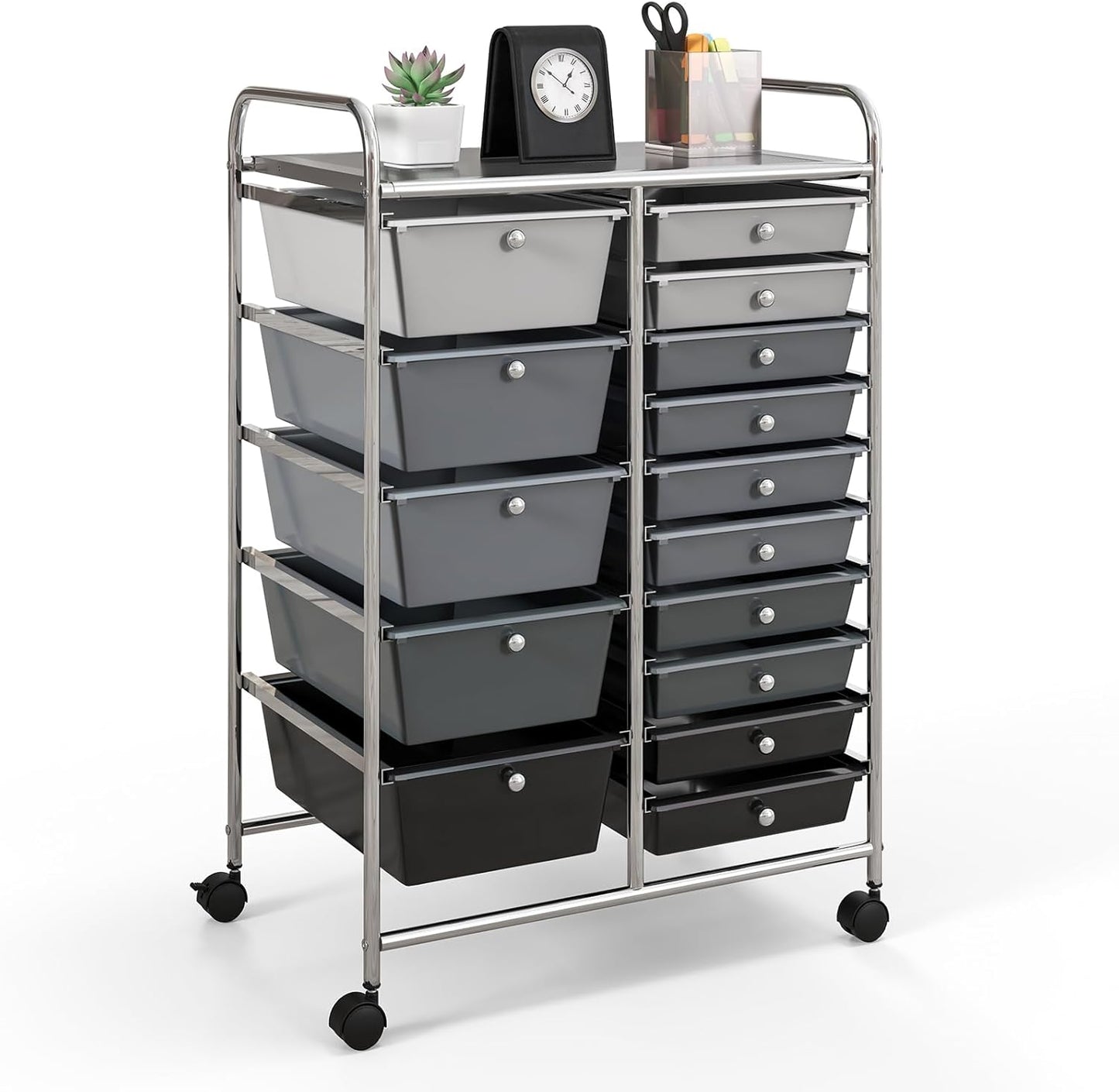GOFLAME 15-Drawer Rolling Storage Cart, Multipurpose Movable Organizer Cart, Utility Cart for Home, Office, School, Gray Gradient