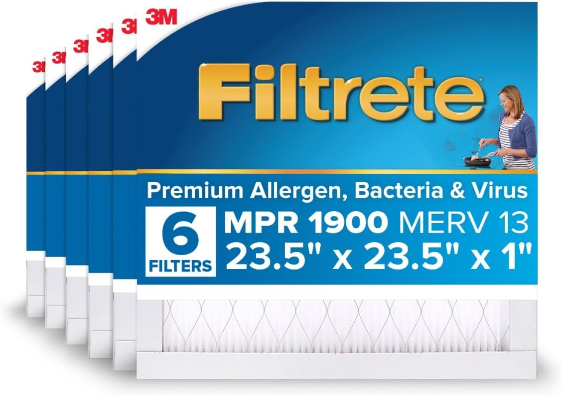 Filtrete 23.5x23.5x1 AC Furnace Air Filter, MERV 13, MPR 1900, Premium Allergen, Bacteria&Virus Filter, 3-Month Pleated 1-Inch Electrostatic Air Cleaning Filter,6-Pack (Actual Size 23.22x23.22x0.78in)