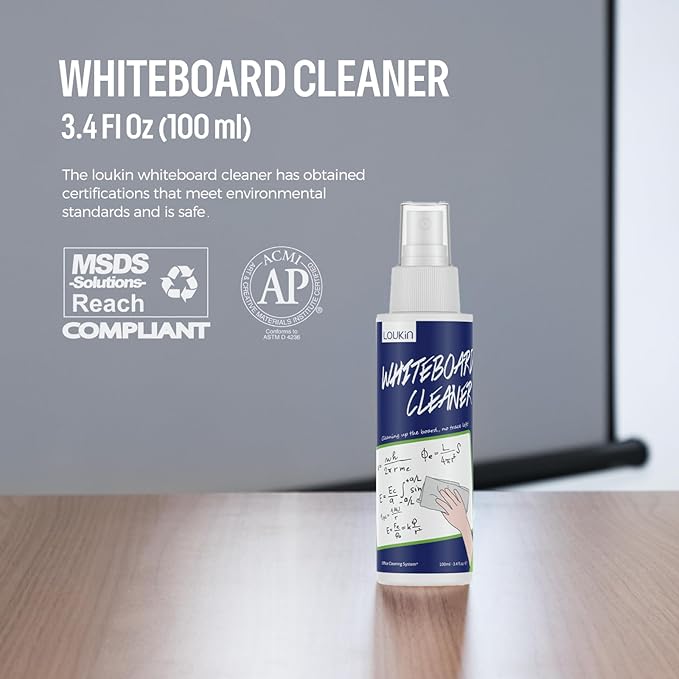 loukin Magnetic Whiteboard Cleaning Cloth, Dry Erase Cleaning Cloth for Classroom, Home and Office Use, Reusable & Washable, Gray, 12" x 12", 1 Bottle of 3.4 fl oz Whiteboard Cleaner Included