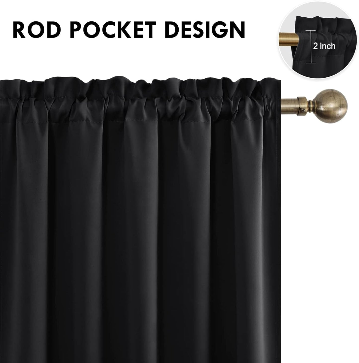 DWCN Blackout Curtains for Living Room Thermal Insulated, Energy Saving & Noise Reducing Bedroom Curtains, Black, W 70x L 72 Inch, Set of 2 Rod Pocket Curtain Panels