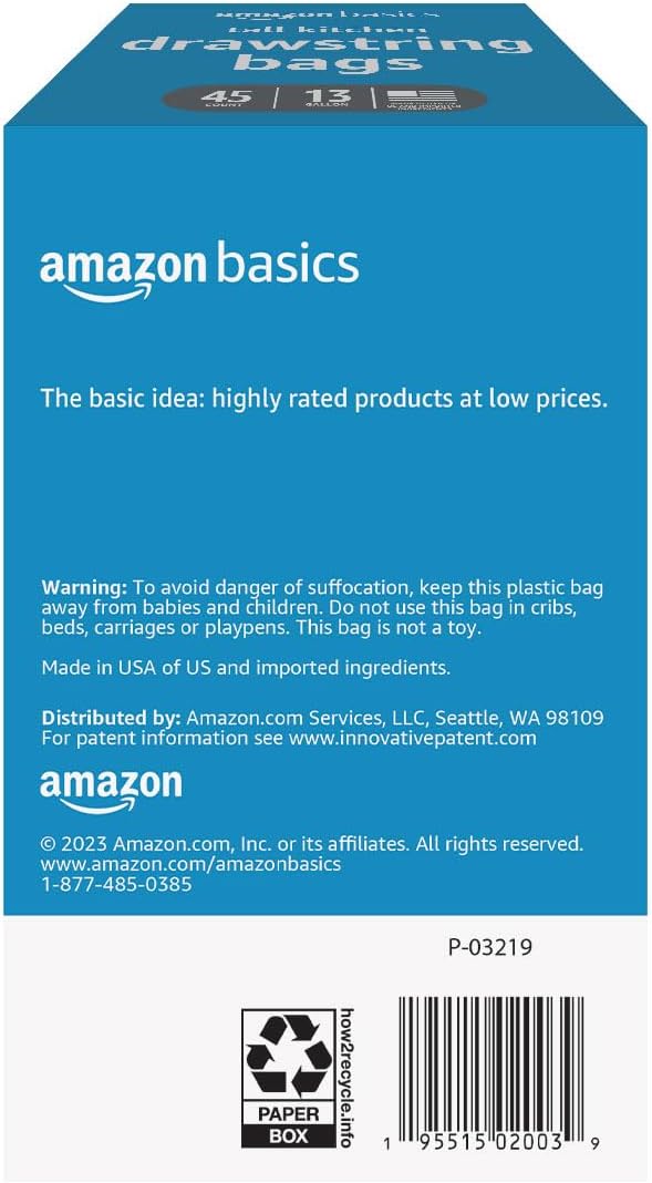 Amazon Basics Tall Kitchen Drawstring Trash Bags, 13 Gallon, Unscented, 45 Count