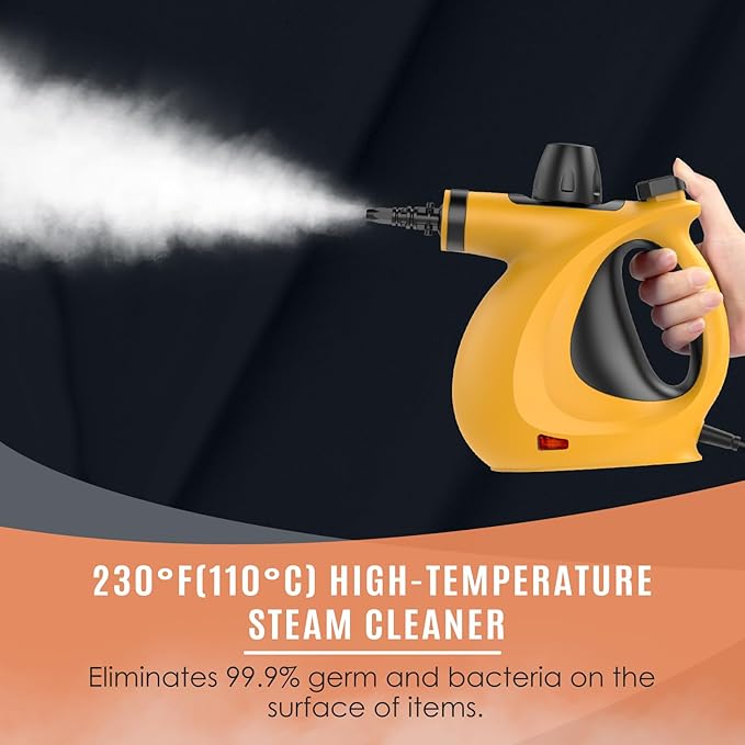 Pressurized Handheld Multi-Surface Natural Steam Cleaner with 12 pcs Accessories, Multi-Purpose Steamer for Home Use, Steamer for Cleaning Floor, Upholstery, Grout and Car (Orange)