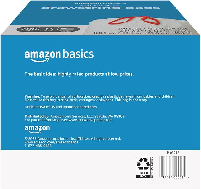 Amazon Basics Tall Kitchen Drawstring Trash Bags, Sturdy, 13 Gallon, Unscented, 200 Count
