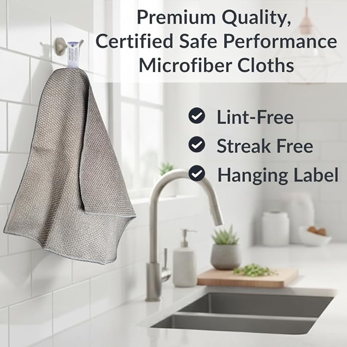 Oeko-Tex Certified Microfiber Cleaning Cloths – Non-Toxic, Safe for Family & Pets – 6 Pack Kitchen Rags for Counter – 12x12 in, Lint-Free, Absorbent Dish Towels, Dusting Cloths