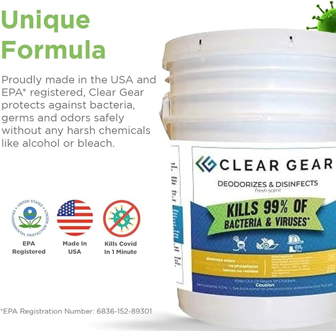 Clear Gear Disinfectant Spray, Mat Cleaner, and Deodorizer For Surfaces, Equipment, Protective Gear and Facilities - Hospital Grade Disinfectant - 5 Gallon Bulk Gym Cleaning Supplies