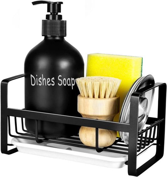TEZZ Sponge Holder for Kitchen Sink- Stainless Steel Kitchen Sink Caddy for Organizing Sponge, Brush & Soap Dish Dispenser, coutertop Organizer Rack with Adhesive or Counter top, Black