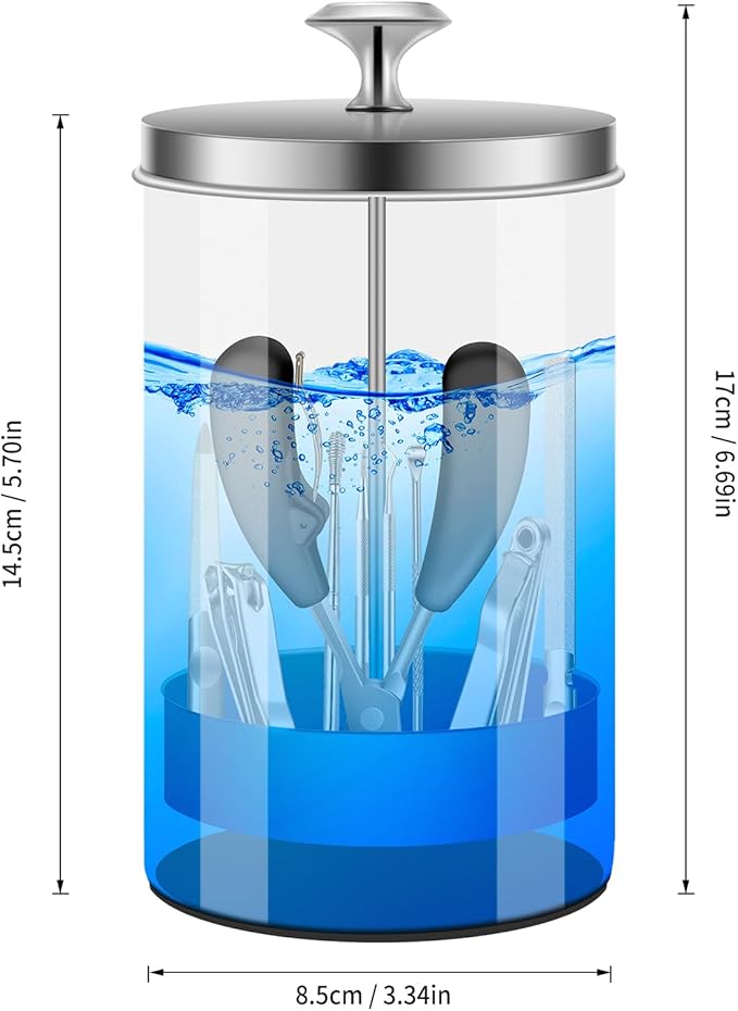 Nail Tool Disinfectant Jar - 21Oz Glass Sterilizer with Removable Strainer Tray - for Manicure & Barber Supplies Storage and Organization Disinfectant Jar