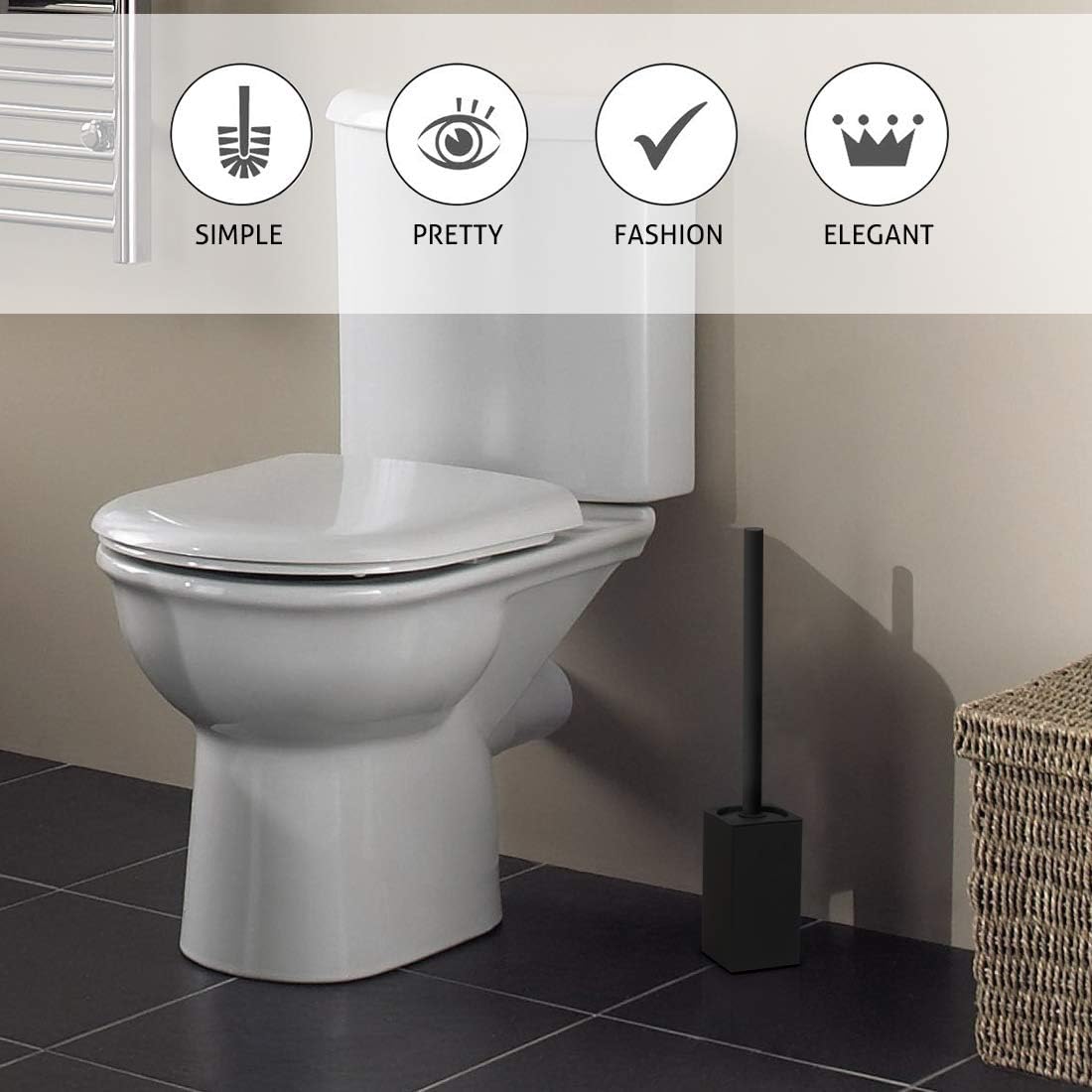 Toilet Brush Holder Stainless Steel 304 Standing Black Square Toilet Brush Holder for Bathroom Storage and Organization (Black)