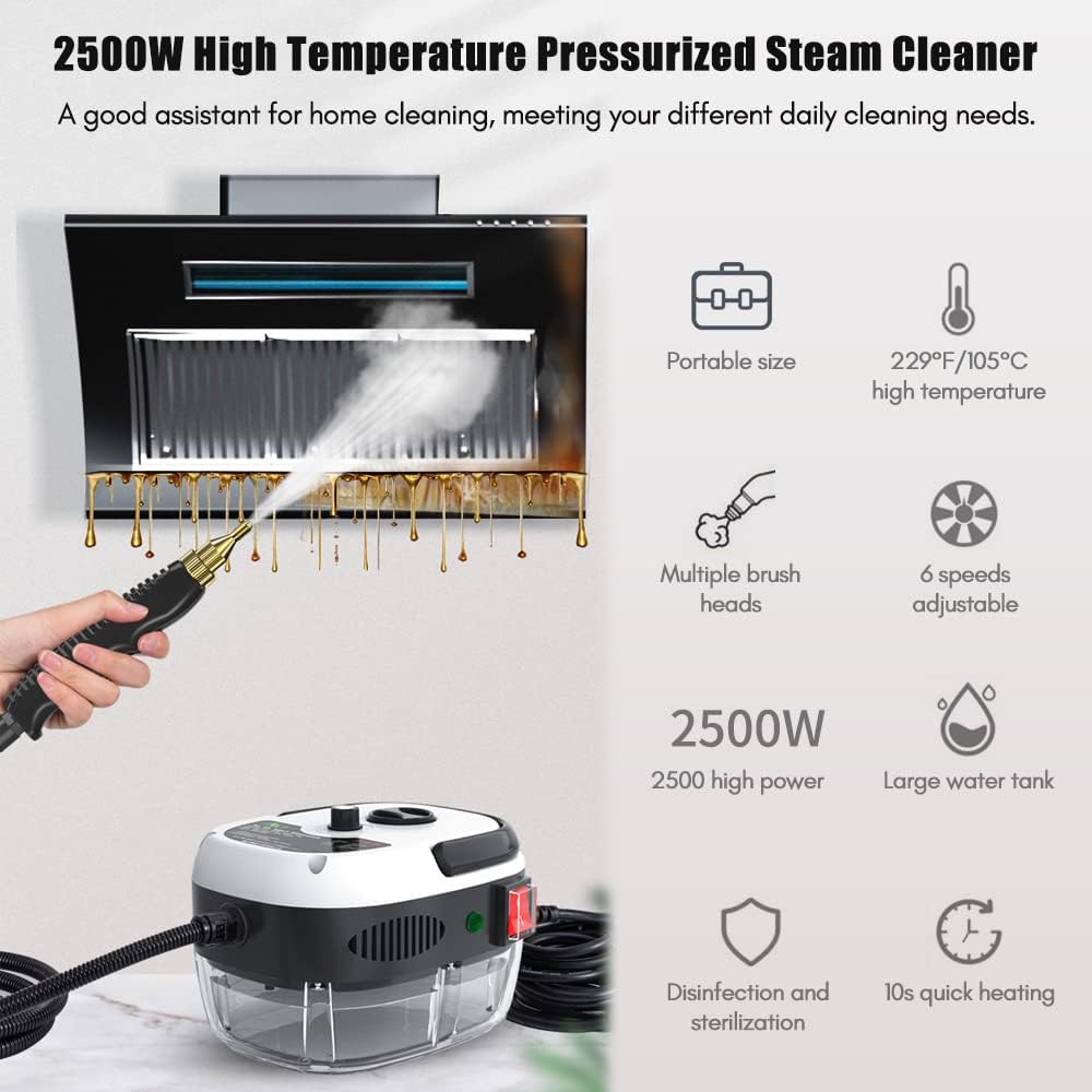 2500W Portable Handheld Steam Cleaner, High Temperature Pressurized Steam Cleaning Machine with Brush Heads for Kitchen Furniture Bathroom Car, US Plug 110V (Red)