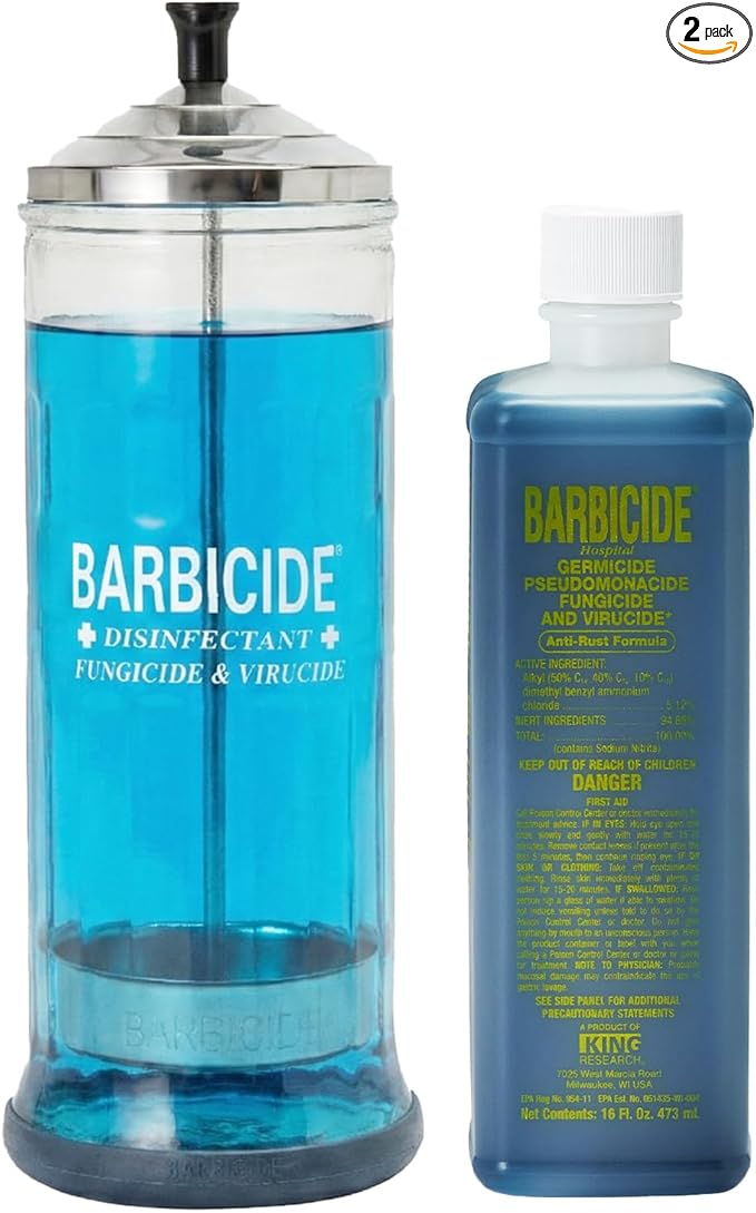 BARBICIDE Disinfectant Jar and Concentrate Starter Set (37 Oz Jar +16 Fl Oz)– Professional Salon, Spa & Barber Tool Sanitizing Kit