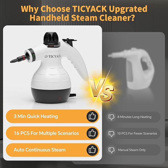 Handheld Steam Cleaner, Steam Cleaner with 16 PCS Accessory & Safety Lock, Capacity, Multi-Surface Deep Cleaning for Home, Car, Bathroom, Grout, Floor, Window(White/Black)