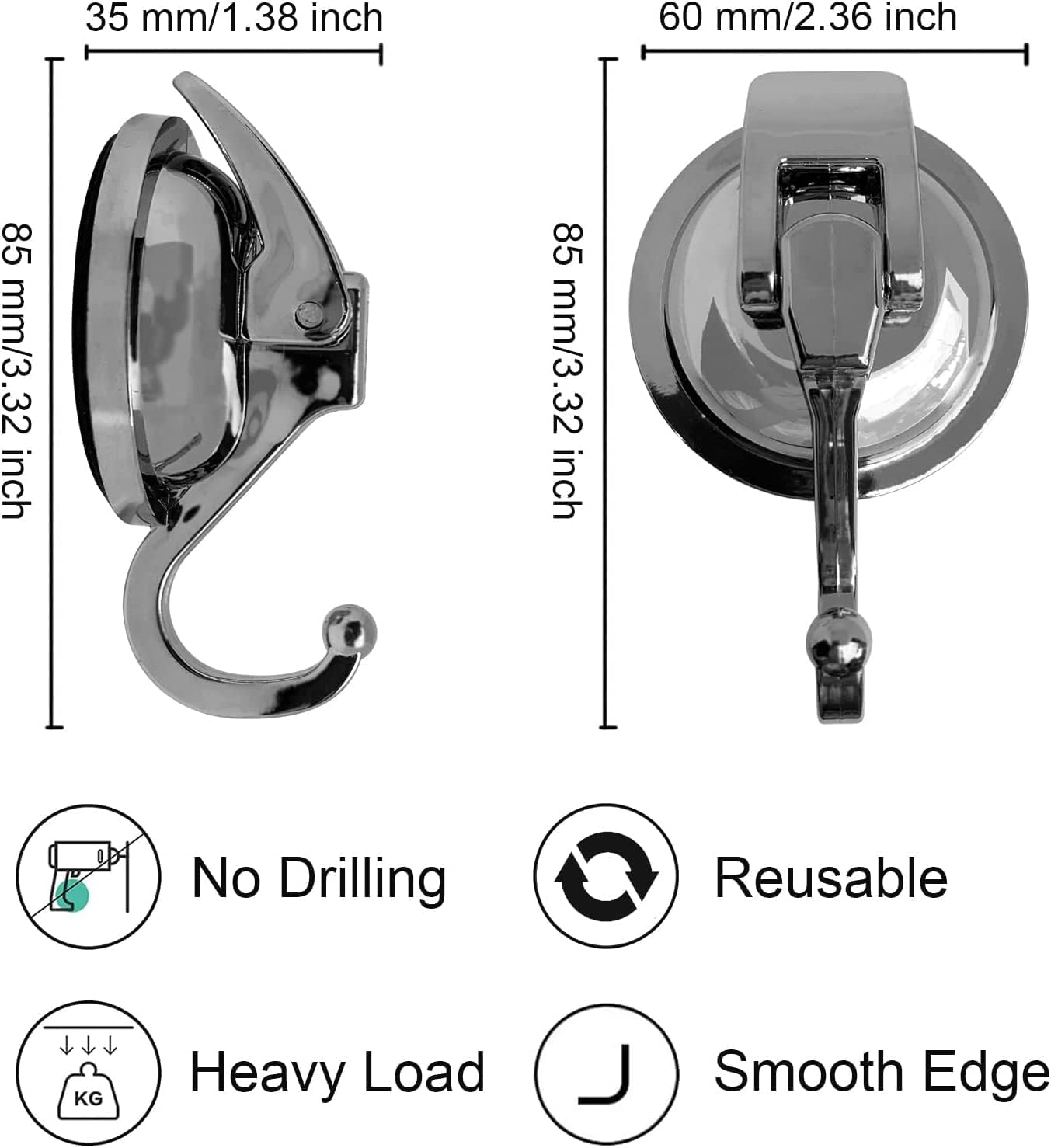 Heavy Duty Suction Cup Hooks for Shower, Bathroom Robe - Reusable, No Hole Punched, for Garland Decoration (Silver Grey, 2 Pack), XPG-TSX1