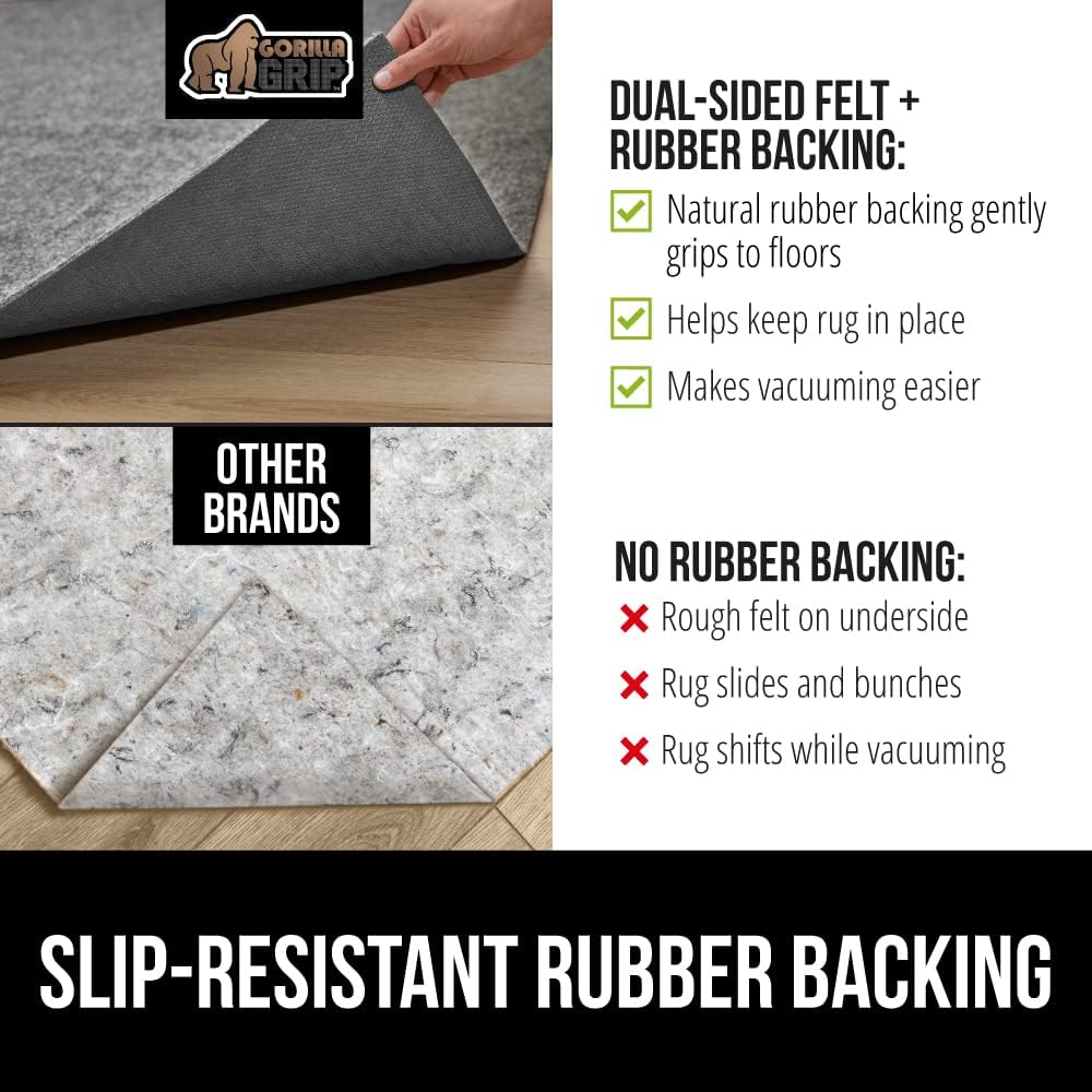 GORILLA GRIP Felt and Natural Rubber Stay in Place Slip Resistant Rug Pad, 1/8in Thick, 5x7 FT Protective Padding Under Area Rugs, Cushioned Gripper Pads, Carpet Runners, Hardwood Floors Protection