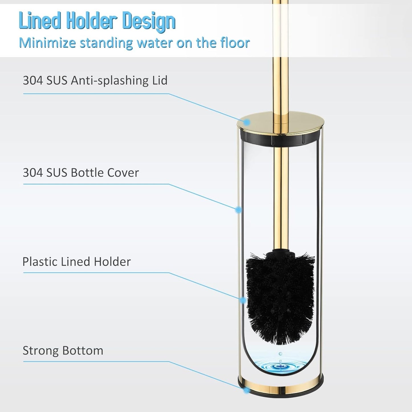 Toilet Brush and Holder Set Gold Stainless Steel, 304 Heavy Duty Round Toilet Brush Set – Rust Resistant, Long Handle, Replacement Heads, Floor Standing Bathroom Toilet Cleaning Brush