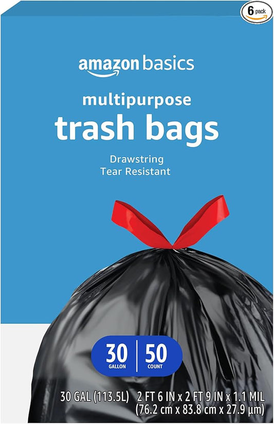 Amazon Basics Multipurpose Drawstring Trash Bags,30 Gallon,(Previously Solimo),50 Count (Pack of 6)