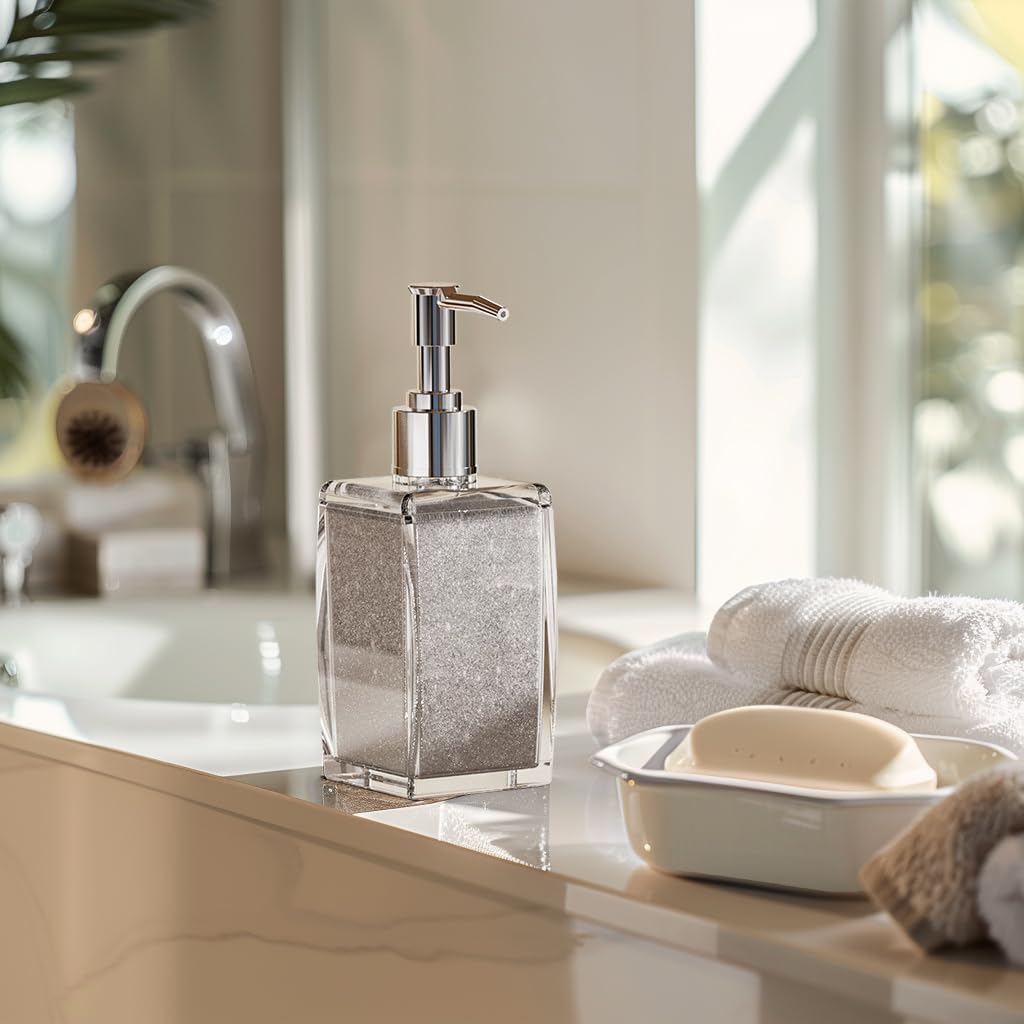 Silver Soap Dispenser with Refillable Plastic Pump for Bathroom Sink or Kitchen Counter, Ideal for Hand Soap, Liquid Soap, Dish Soap, or Lotion Use