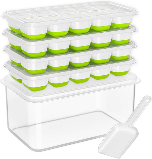 DOQAUS Ice Cube Tray with Lid and Bin, 4 Pack Silicone Plastic Ice Cubes Trays for Freezer with Box/Container, Stackable with Storage Iced Bucket Kits, Scoop, for RV, Soup, Food, Cocktail, Coffee