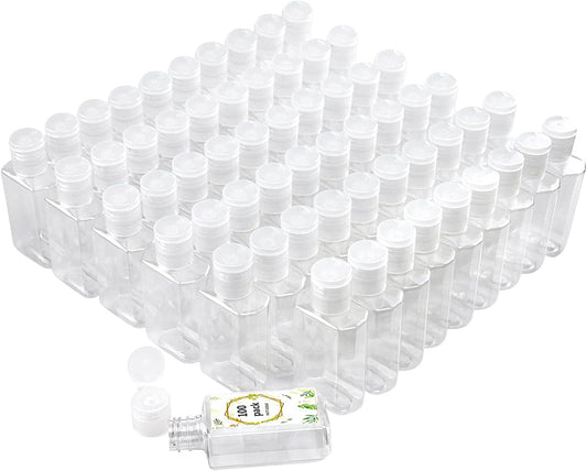 2oz Empty Hand Sanitizer Travel Size Bottles, Refillable Clear Plastic Containers with Flip Cap for Shampoo, Lotion, Cream, Baby Shower, Tolitery (100 Pack)