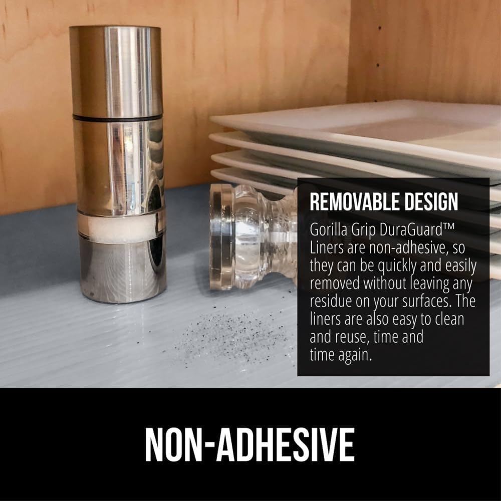 GORILLA GRIP DuraGuard Shelf Liner, Non-Adhesive Cabinet Liners for Kitchen Drawers, Shelves, Refrigerator, Pantry Storage, Bathroom Closet, Durable Waterproof BPA Free Ribbed Plastic, 12x10 Gray