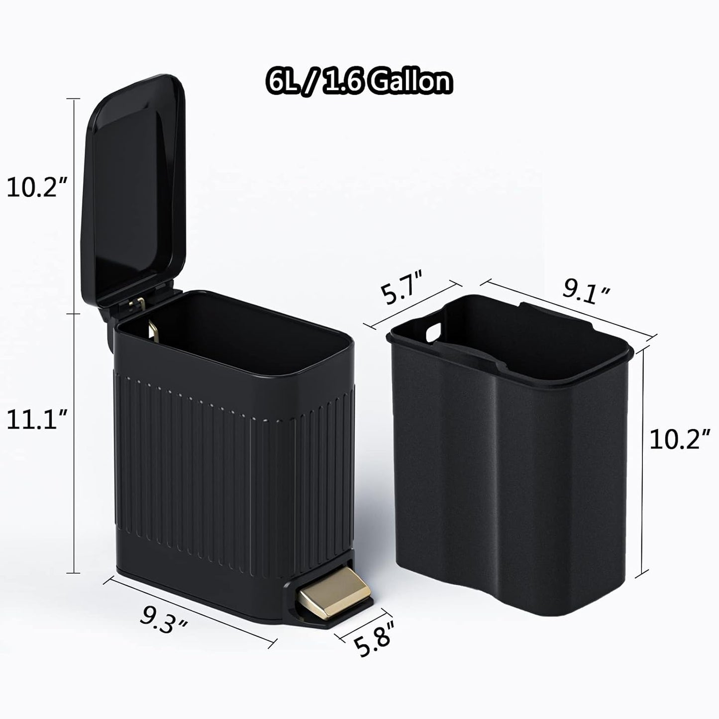 CEROELDA Small Bathroom Trash Can with Lid Soft Close-5L/1.3 Gal Slim Garbage Can-Metal Step Wastebasket-Rectangle Narrow Waste Bin for Office, Bedroom, Toilet, Live Room (Embossed-Black)