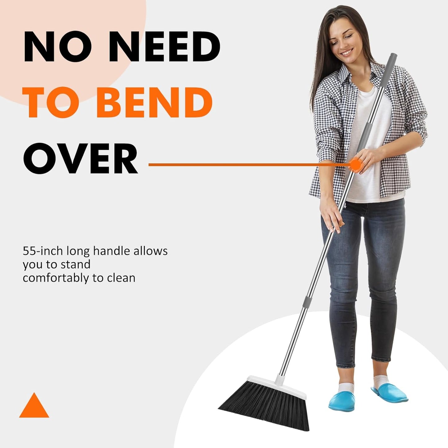 NACENA Heavy Duty Broom, 55 Inch Long Handle Outdoor Large Angle Brooms, Commercial Broom for Sweeping Indoor, for Home Garage Kitchen Office Courtyard Lobby Patio Lawn Concrete, 4 Pack (Grey&White)