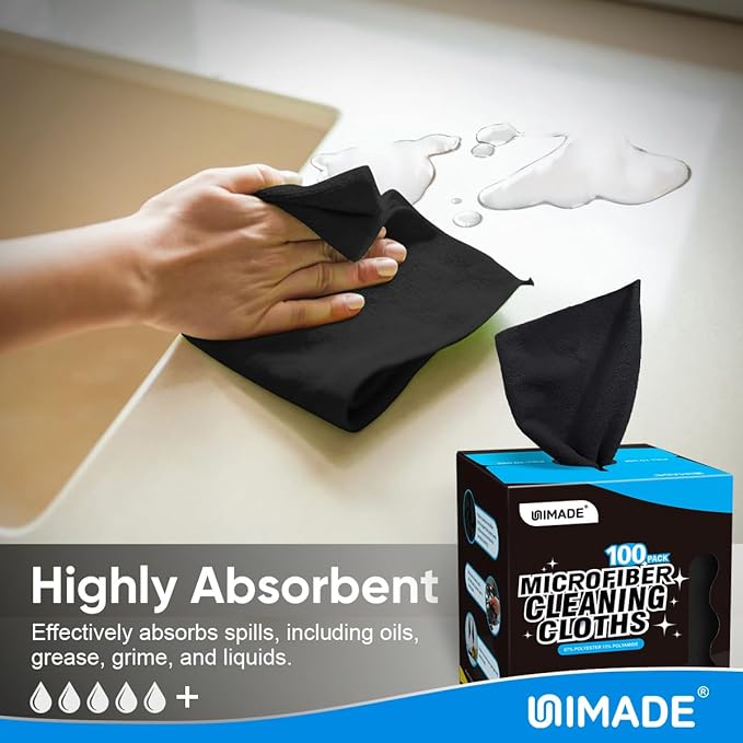 Microfiber Cleaning Cloth, 100 Sheets Microfiber Towels for Cars Commercial Grade Washcloths Lint-Free Bulk Shop Towel Cleaning Rags for Mechanic Restaurant Garage Housekeeping, 11"x 9", Black