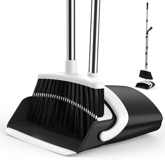 Broom and Dustpan Set for Home, 51-in Long Adjustable Handle Angle Broom and Dustpan Combo Set with Dust Pan Teeth to Clean Hair for Home Kitchen Office Lobby Floor Garden (Black&White)