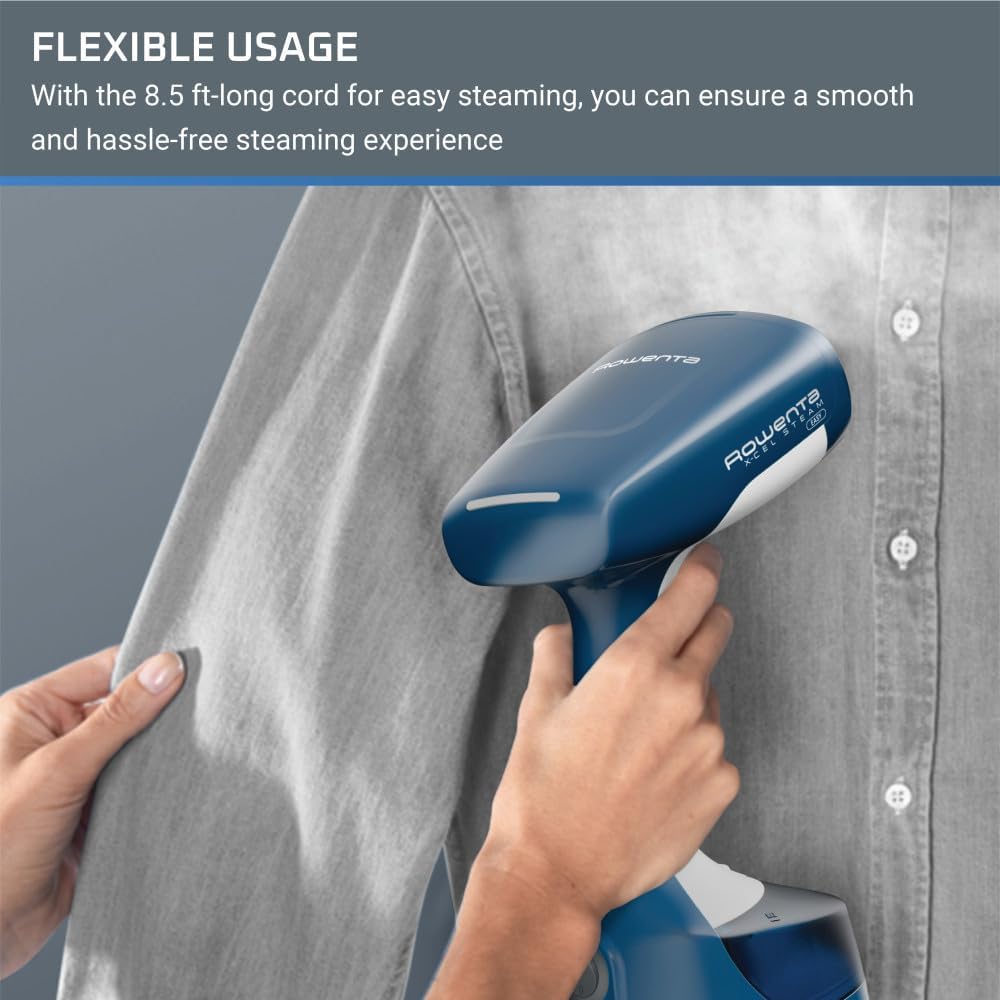 Rowenta, Steamer for Clothes, X-Cel Easy Steam Handheld Steamer, 15 Second Heatup, 5 Ounce Capacity, 1400 Watts, Portable, Ironing, Travel Must Have, Blue Clothes Steamer, DR7130