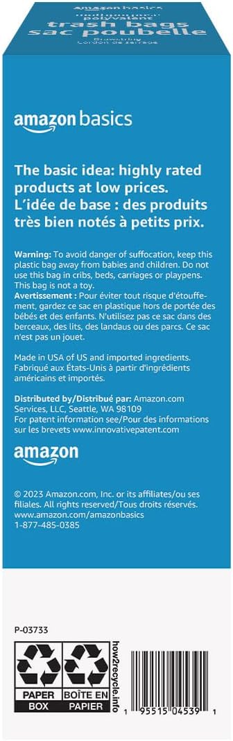 Amazon Basics Multipurpose Drawstring Trash Bags, 30 Gallon, Tear Resistant, 20 Count, Black