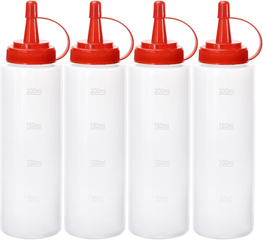 Condiment Squeeze Bottles Ketchup Dispenser, 4 Pack 8oz Squeeze Bottles for Liquids, Plastic Sauce Bottle with Cap Lid, Squirt Bottles for Sauces Liquids BBQ Dressing Pancake Art
