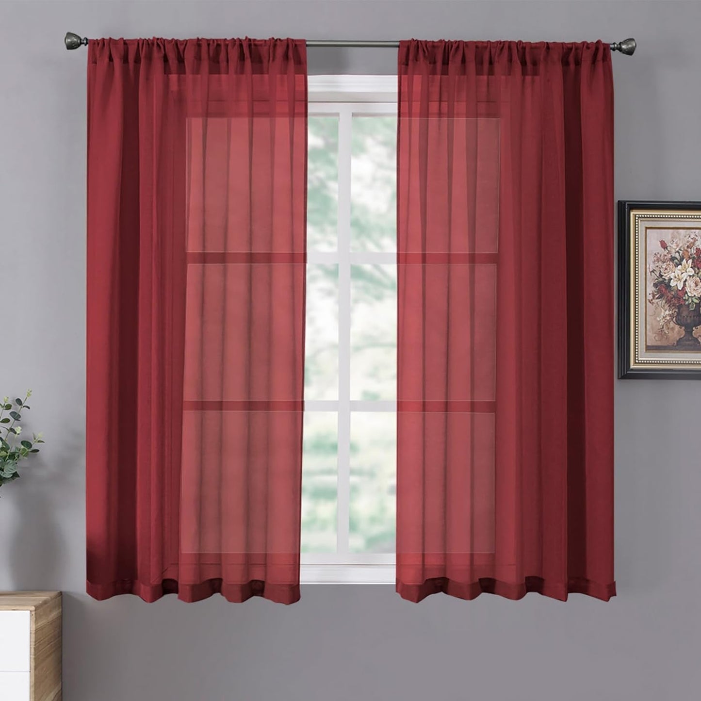 Tollpiz Short Sheer Curtains Linen Textured Bedroom Curtain Sheers Light Filtering Rod Pocket Voile Curtains for Living Room, 54 x 45 inches Long, Burgundy Red, Set of 2 Panels