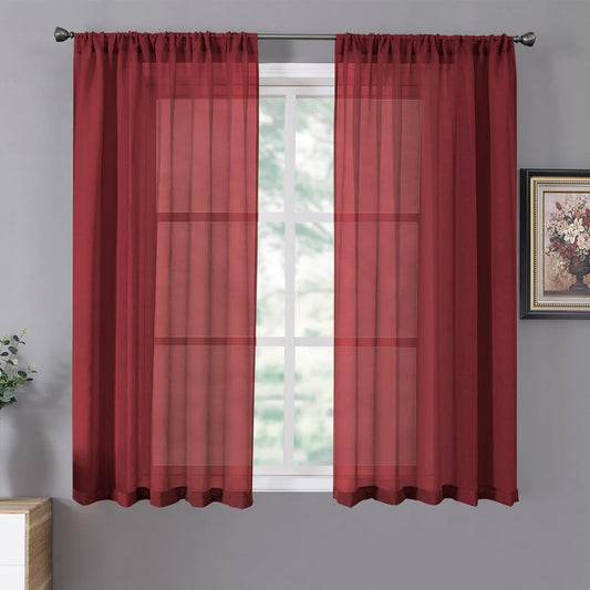Tollpiz Short Sheer Curtains Linen Textured Bedroom Curtain Sheers Light Filtering Rod Pocket Voile Curtains for Living Room, 54 x 45 inches Long, Burgundy Red, Set of 2 Panels