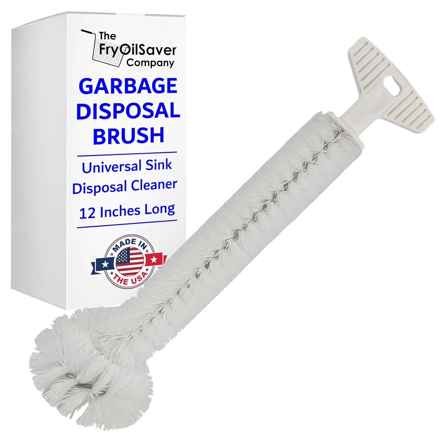 Universal Garbage Disposal Cleaner and Deodorizer, 12" Long Sink & Drain Brush Cleaner for Eliminating Residues & Odor, Sturdy T-Grip Handle, USA Made Sink Disposal Cleaning Brush by FryOilSaver Co.