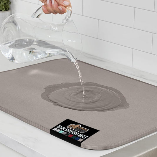 GORILLA GRIP Ultra Water Absorbent Microfiber Dish Drying Mat, 18x32, Quick Dry Thick Mesh, Slip Resistant Pad for Sink Dishes or Under Rack, Kitchen Counter Accessories, Machine Wash Mats, Almond