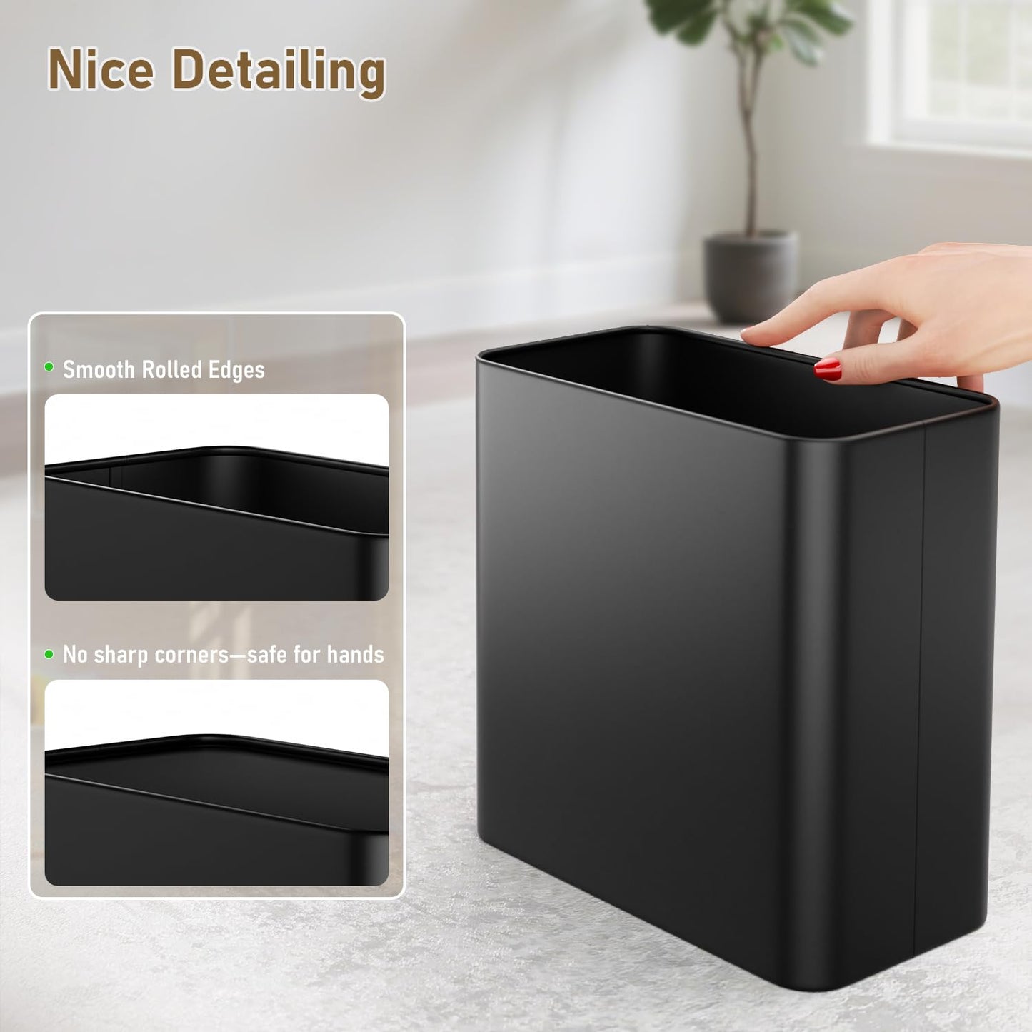 Small Bathroom Trash Can 2.4 Gallon Wastebasket, Slim Metal Garbage Can Matte Black Stainless Steel Trash Bin for Bedroom,Office,Kitchen,Toilet, rv, Near Desk, Under Sink