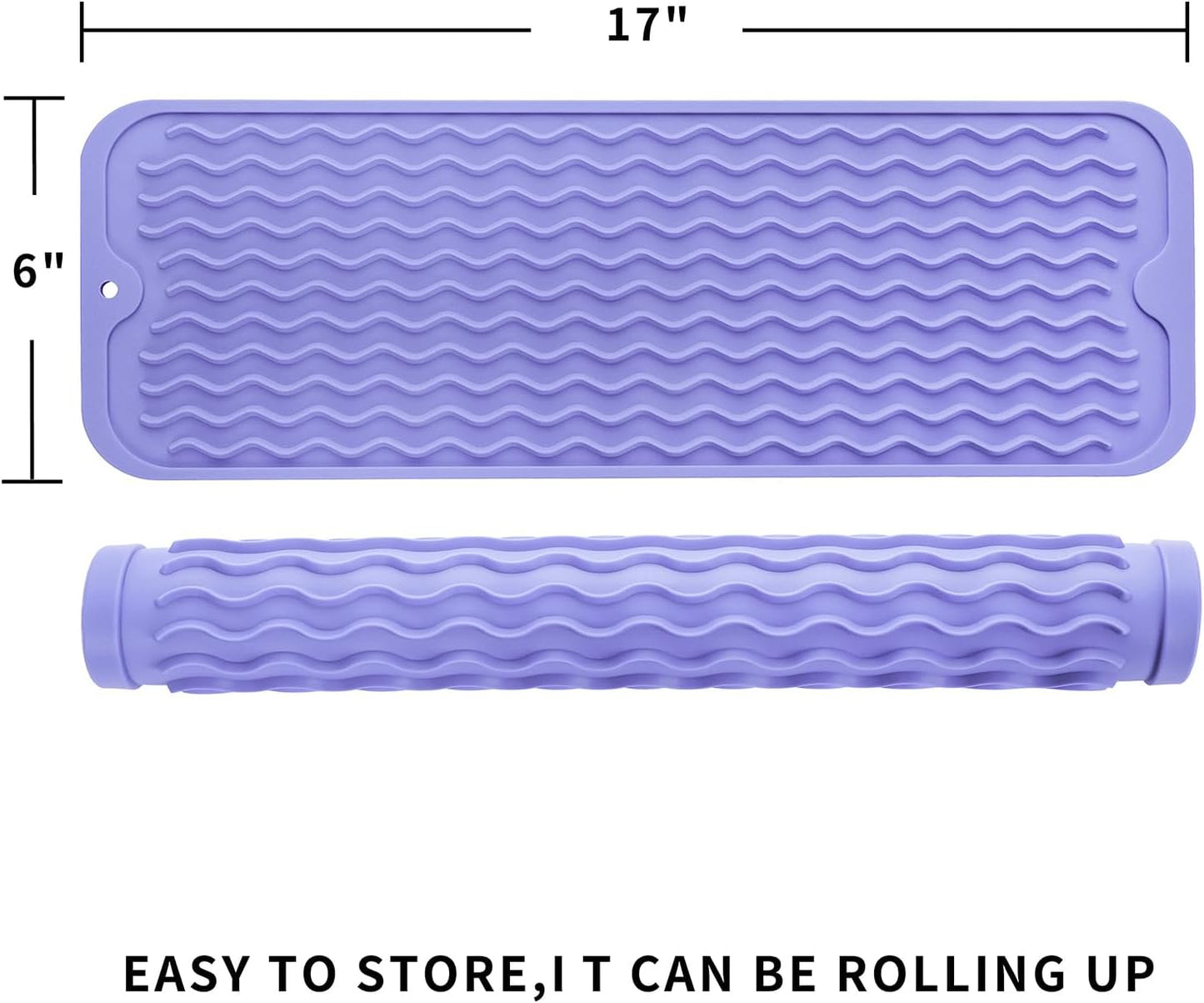 Silicone Dish Drying Mat for Multiple Usage,Easy clean,Eco-friendly,Heat-resistant Silicone Mat for Kitchen Counter,Sink,Bar,Bottle,or Cup Light Purple M 17 inches x 6 inches