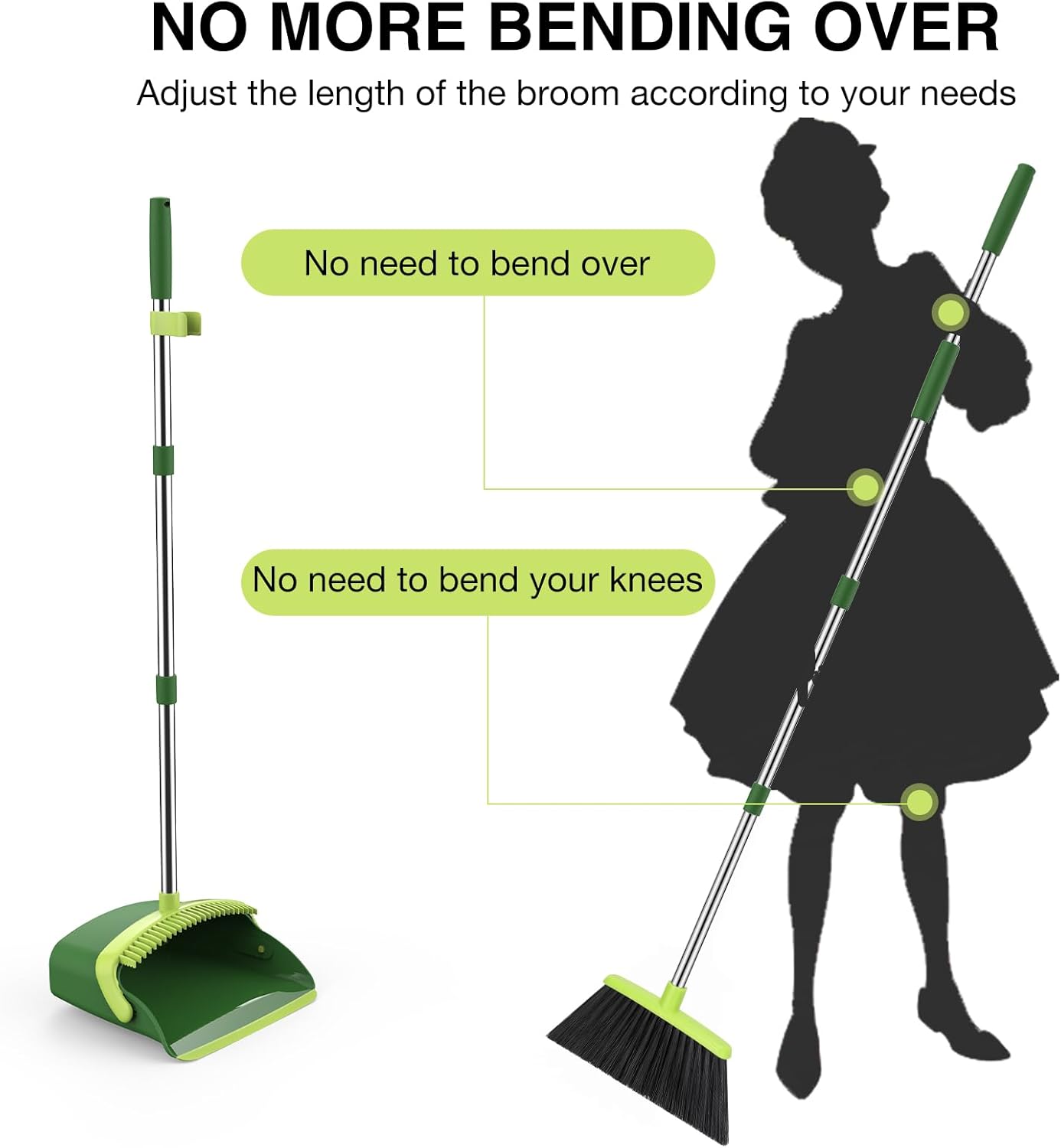 Broom and Dustpan Set, 52-in Long Adjustable Handle Broom Dustpan Combo with Dust pan Teeth to Automatically Clean Hair Suitable for Home Kitchen Office Hall Floor (Green), 2 Pack