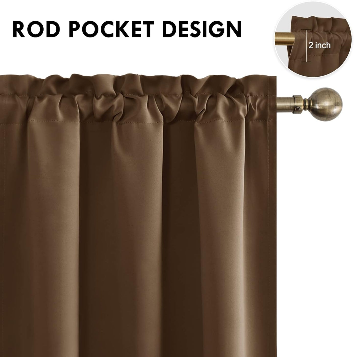 DWCN Blackout Curtains for Bedroom - Thermal Insulated Privacy Energy Saving Rod Pocket Drapes for Living Room, W 38 x L 63 Inch, Brown, Set of 2
