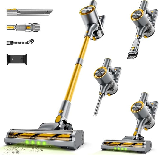 Cordless Stick Vacuum Cleaner - 45KPA Powerful Suction Vacuum with 45 Min Runtime, Detachable Battery, Anti-Tangle & 1.5L Dust Cup, 8 in 1 Vacuum Cleaner for Pet Hair, Carpet, HardFloor, Yellow