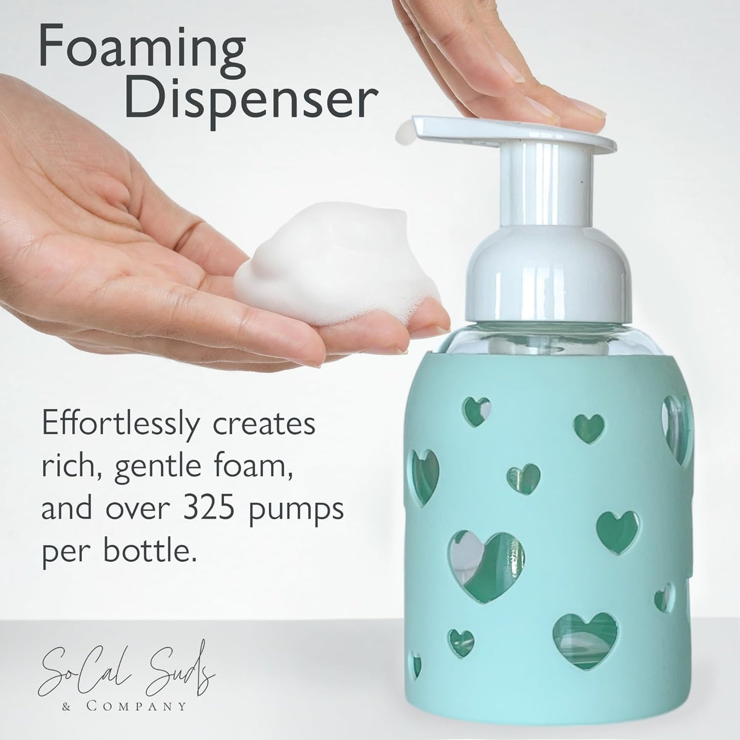 SoCal Suds & Company Glass Foaming Hand Soap Dispenser, Heart Silicone Sleeve, Refillable Pump Bottle for Kids, Baby Wash & Shampoo, Ideal for Home Use, Sea Glass 8oz