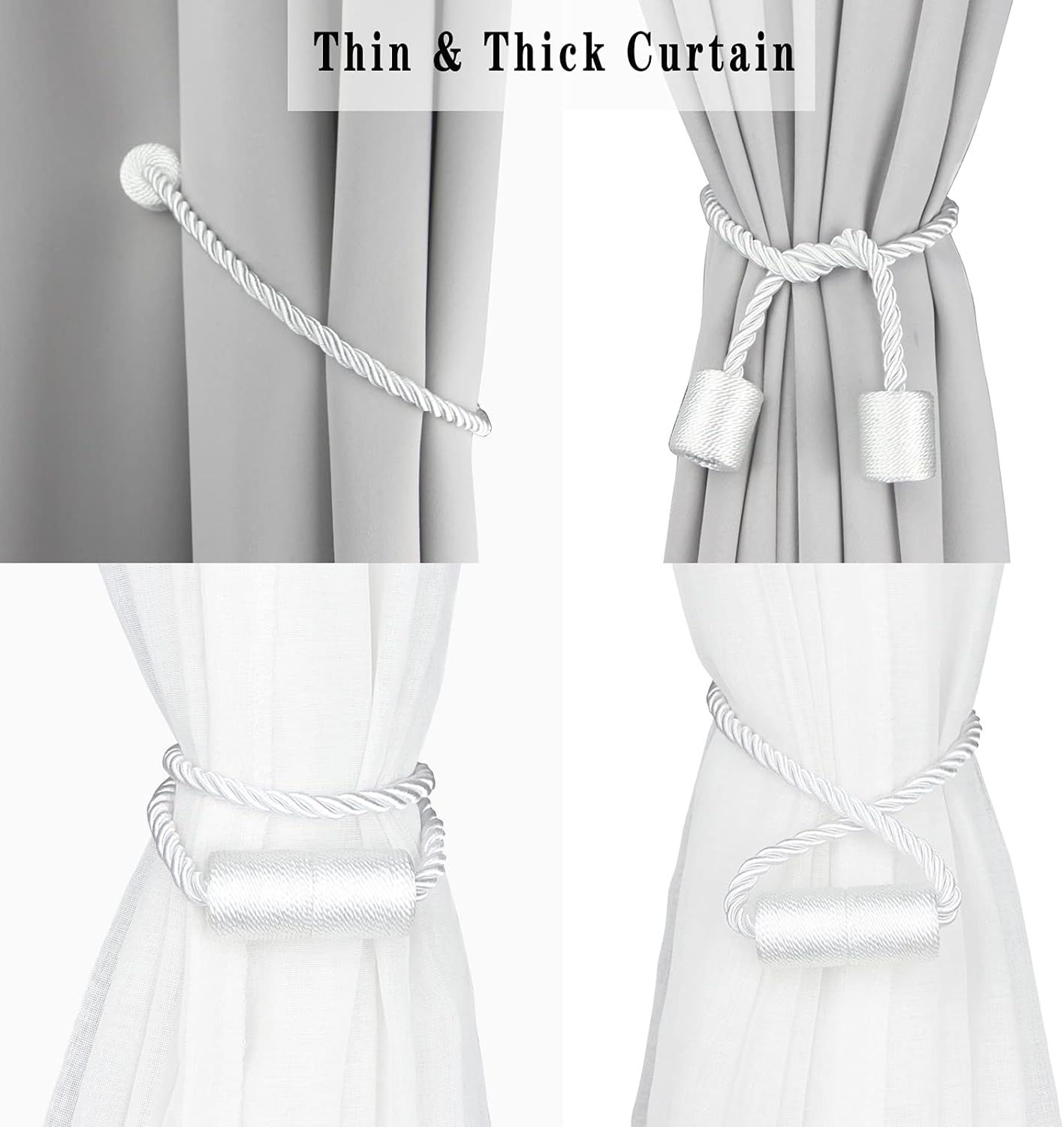 6 Pack White Strong Magnetic Curtain Tiebacks Outdoor Elegant Decorative Tie Backs Modern Rope Tiebacks for Drapes Window Curtain Holdbacks for Draperies